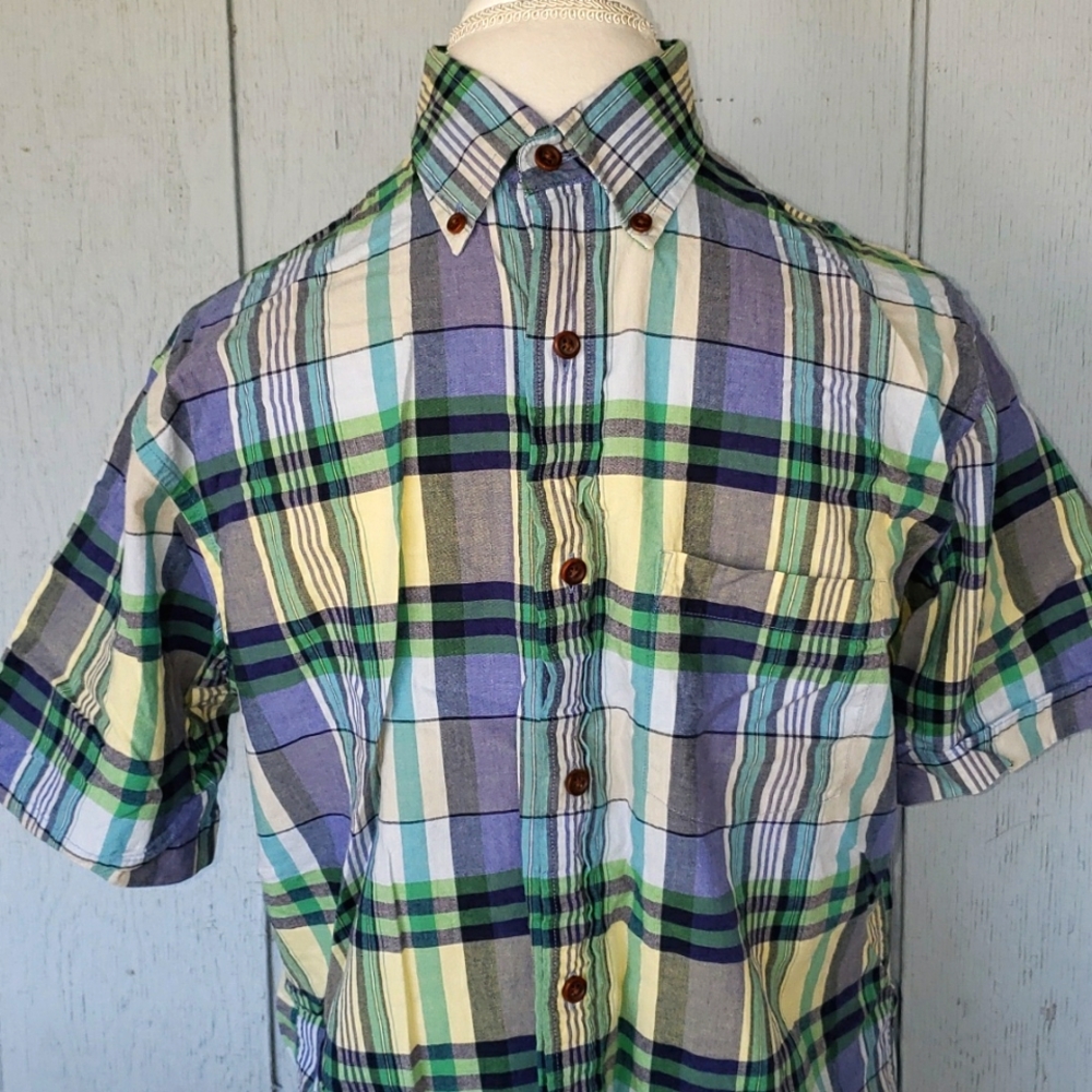 Lands End Plaid Short Sleeve Button Down Blue Gree